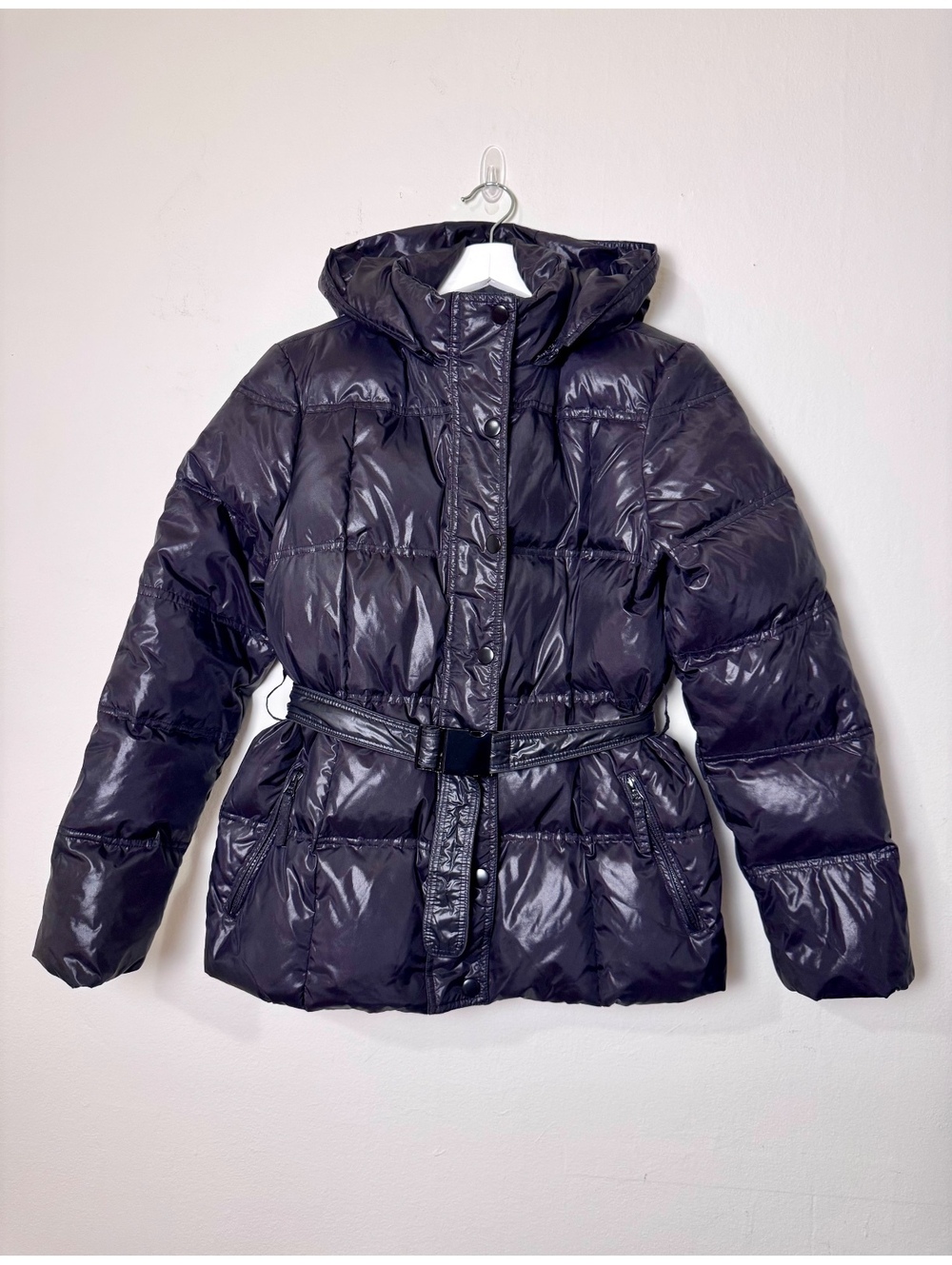 Black puffer coat belted shiny detachable hood United Color of Benetton size 8